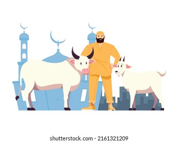 Illustration of the eid al adha. Goat, Cow, Moswque, Muslim Man. Banner, Poster Element Concept