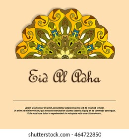 Illustration of Eid Al Adha greeting card with round ornate mandala ornament. Muslim holiday background template