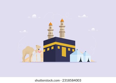 Illustration of Eid Al Adha  with tiny people character. Background celebration day concept - Vector illustration.