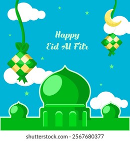 Illustration of Eid al Fitr background with mosque and gift box