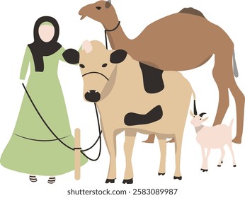 Illustration of Eid al-Adha Character. People with Sacrifice Animal. Isolated on White Background.