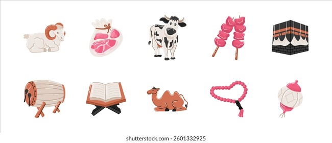 Illustration Eid Al-Adha Festivities and Traditions with Islamic Symbols, Eid Adha Collection. Eid Adha Vector Set