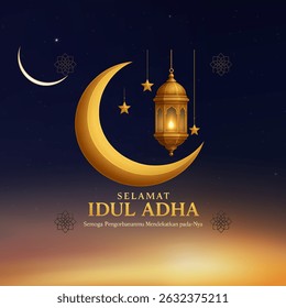 An illustration for Eid al-Adha, showcasing traditional Islamic motifs like a crescent moon, stars, and an ornate lantern, with festive greetings.