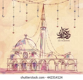 Illustration of Eid mubarak and Aid said. beautiful islamic and arabic background mosque and calligraphy wishes Aid el fitre and el adha greeting  moubarak and mabrok for Muslim Community festival. 