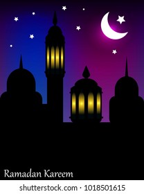 illustration of Eid Mubarak background with mosque and stars. Vector.