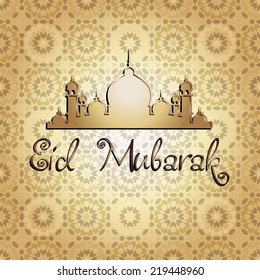 Illustration of Eid Mubarak background with mosque. CONTAINS Seamless pattern on background.