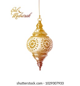 Illustration of Eid mubarak. Beautiful islamic and arabic Lantern and calligraphy wishes. Greeting moubarak and mabrok for Muslim Community festival.