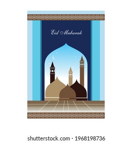 illustration of eid mubarak card with mosque in night view