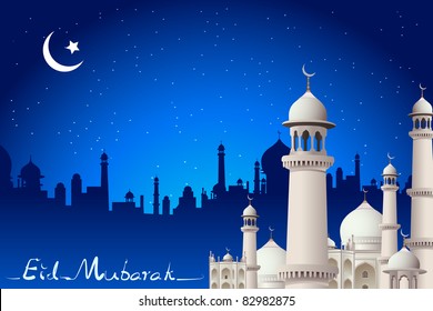 illustration of eid mubarak card with mosque in night view