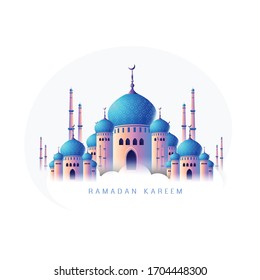 illustration of Eid Mubarak celebration- calligraphy stylish lettering Ramadan Kareem text with mosque