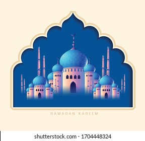 illustration of Eid Mubarak celebration- calligraphy stylish lettering Ramadan Kareem text with mosque