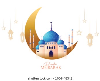 illustration of Eid Mubarak celebration- calligraphy stylish lettering Ramadan Kareem text with mosque