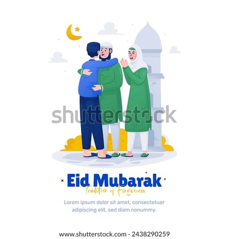 Illustration of Eid Mubarak celebration, Meet other muslim family, Happy Eid al Fitr greeting, Islamic forgiveness tradition during Eid, Muslims hugging flat design