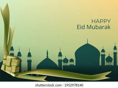 ilustración de la celebración del eid mubarak con su comida típica ketupat como adorno. ilustración vectorial