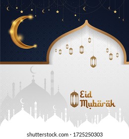 Illustration of Eid Mubarak Crescent and Hanging Lantern blue and Mosque perfect for greeting card