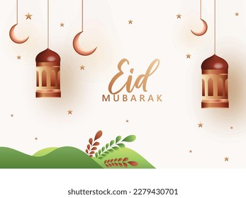 Illustration for Eid Mubarak ,festival of lights, design card, banner, poster. Illustration of Ramadan Kareem background, silhouette with lanterns and Moon.