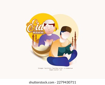Illustration for Eid Mubarak ,festival of lights, design card, banner, poster. Illustration of Ramadan Kareem background, silhouette with lanterns and Moon.