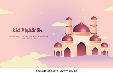 Illustration for Eid Mubarak ,festival of lights, design card, banner, poster. Illustration of Ramadan Kareem background, silhouette with lanterns and Moon.