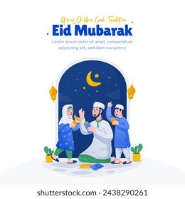 Ilustración eid mubarak tarjeta de felicitación, dando a los niños la tradición de efectivo durante eid al fitr, la familia musulmana celebra el día islámico de mubarak diseño plano