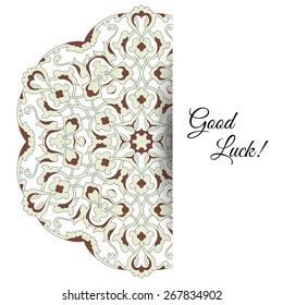 Illustration of Eid Mubarak greeting card with round ornate moroccam ornament. 