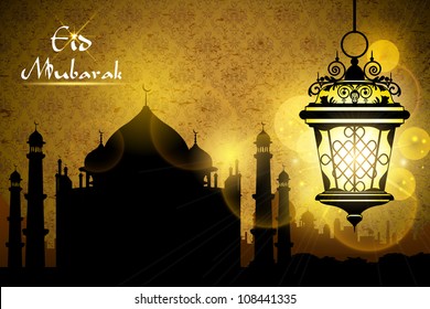 illustration of Eid Mubarak greeting with illuminated lamp