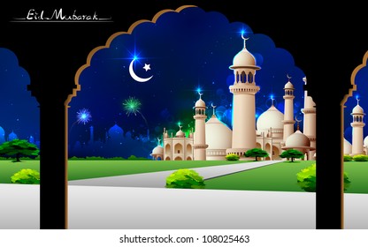 illustration of Eid Mubarak greeting on mosque backdrop