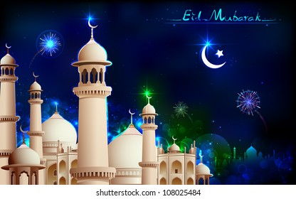 illustration of Eid Mubarak greeting on mosque backdrop