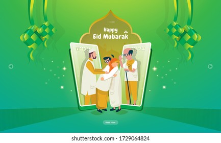 Ilustración de los saludos de Eid Mubarak con reunión familiar en el concepto de llamada móvil o video