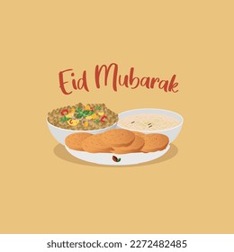 Illustration of Eid Mubarak greetings having a special cooked food