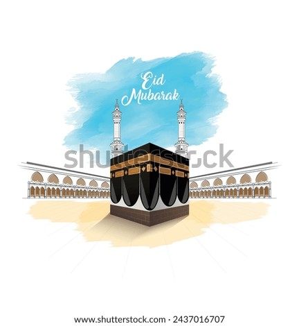 illustration of Eid Mubarak greetings for Islam religious festival Eid with freehand sketch Mecca Holy Kaaba in Mecca Saudi Arabia . eid al adha mubarak