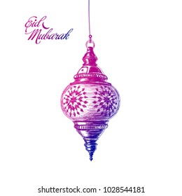 Illustration of Eid mubarak. Hand drawn Beautiful islamic and arabic Lantern and calligraphy wishes. Greeting moubarak and mabrok for Muslim Community festival.