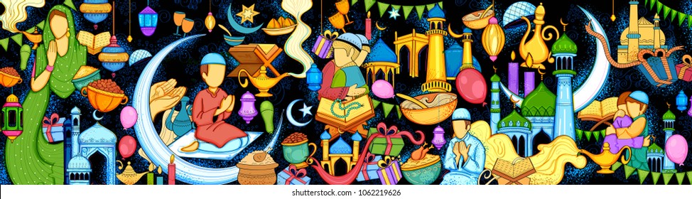 illustration of Eid Mubarak (Happy Eid) background for Islam religious festival on holy month of Ramazan