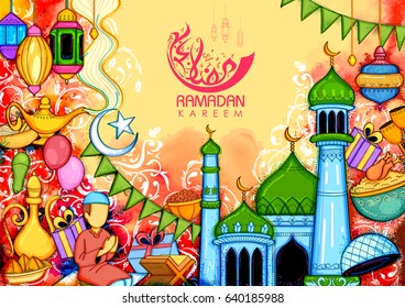 illustration of Eid Mubarak (Happy Eid) background for Islam religious festival on holy month of Ramazan