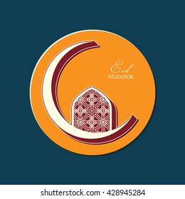 Illustration of Eid Mubarak with intricate Arabic window and moon for the celebration of Muslim community festival.