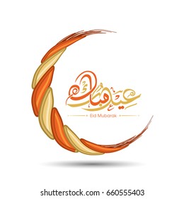 Illustration of Eid Mubarak with intricate Arabic calligraphy and moon for the celebration of Muslim community festival.