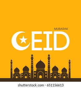 Illustration of Eid Mubarak with intricate calligraphy and mosque for the celebration of Muslim community festival.