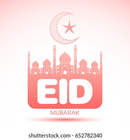 Illustration of Eid Mubarak with intricate calligraphy and mosque for the celebration of Muslim community festival.