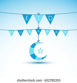 Illustration of Eid Mubarak with intricate calligraphy and moon for the celebration of Muslim community festival.