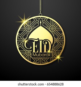 Illustration of Eid Mubarak with intricate calligraphy and mosque tomb for the celebration of Muslim community festival.