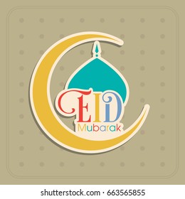 Illustration of Eid Mubarak with intricate calligraphy and moon for the celebration of Muslim community festival.