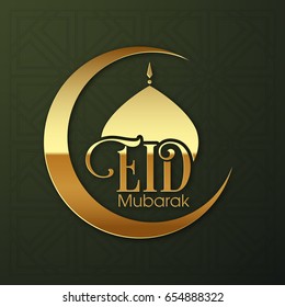 Illustration of Eid Mubarak with intricate calligraphy,moon and mosque tomb for the celebration of Muslim community festival.