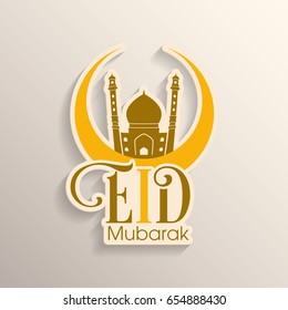 Illustration of Eid Mubarak with intricate calligraphy,moon and mosque for the celebration of Muslim community festival.