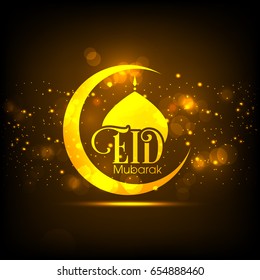 Illustration of Eid Mubarak with intricate calligraphy,moon and mosque tomb for the celebration of Muslim community festival.