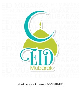 Illustration of Eid Mubarak with intricate calligraphy,moon and mosque tomb for the celebration of Muslim community festival.
