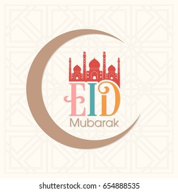 Illustration of Eid Mubarak with intricate calligraphy,moon and mosque for the celebration of Muslim community festival.