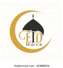 Illustration of Eid Mubarak with intricate calligraphy,moon and mosque tomb for the celebration of Muslim community festival.