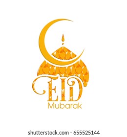 Illustration of Eid Mubarak with intricate calligraphy,moon and mosque tomb for the celebration of Muslim community festival.