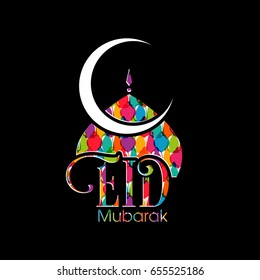 Illustration of Eid Mubarak with intricate calligraphy,moon and mosque tomb for the celebration of Muslim community festival.