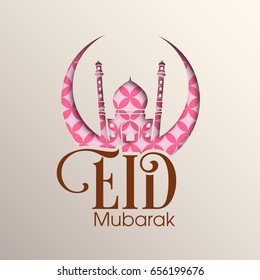 Illustration of Eid Mubarak with intricate calligraphy,mosque and moon for the celebration of Muslim community festival.