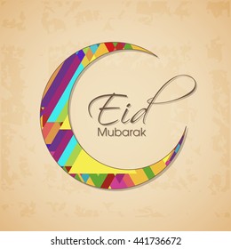 Illustration of Eid Mubarak with intricate moon and calligraphy.
